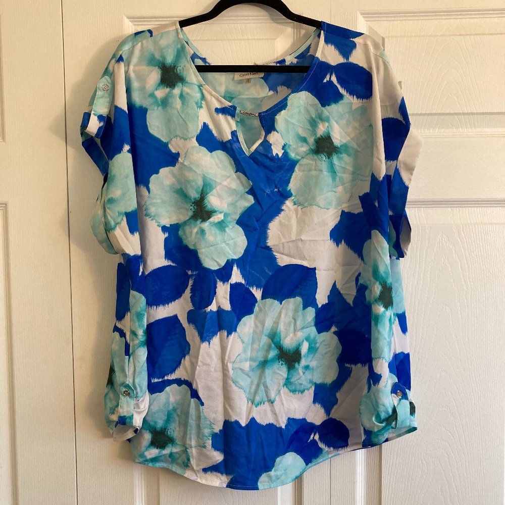 Calvin Klein Blouse Top Women's Floral Blue Size 2XL Colorful Button Sleeves